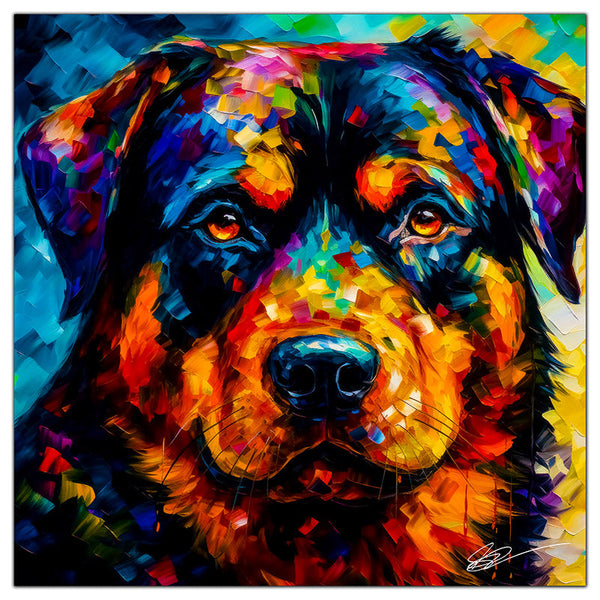 Colorful Rottweiler portrait in modern art style, perfect for home decor.