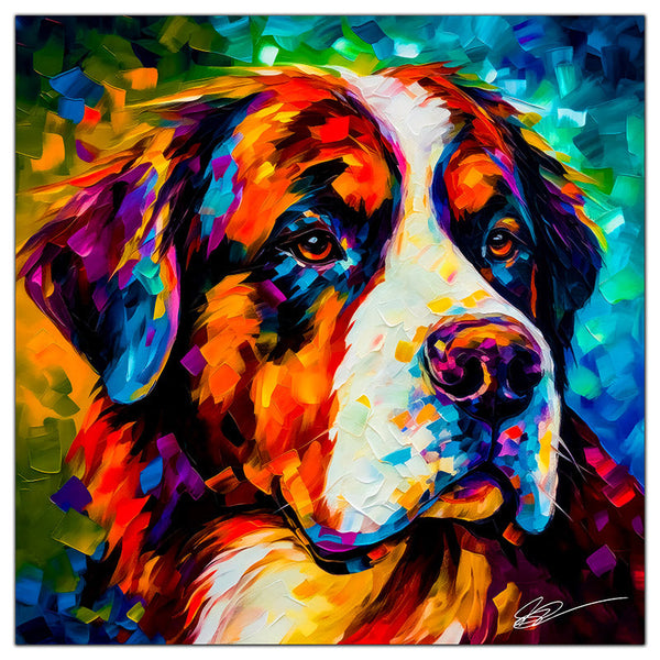 Colorful Saint Bernard portrait in modern art style, perfect for home decor.