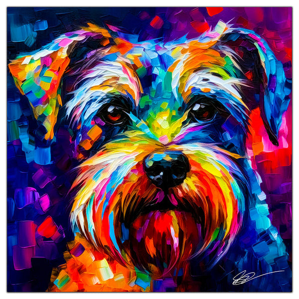 Colorful Schnauzer portrait in modern art style, perfect for home decor.