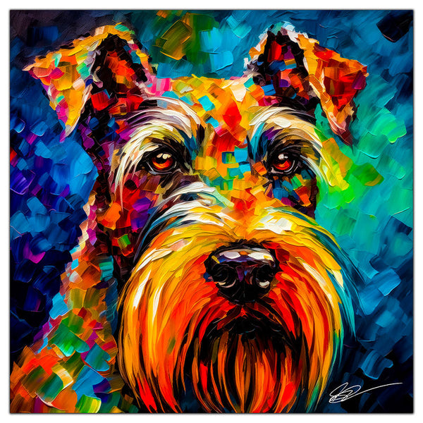 Colorful Schnauzer portrait in modern art style, perfect for home decor.