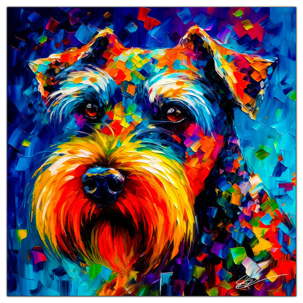 Colorful Schnauzer portrait in modern art style, perfect for home decor.