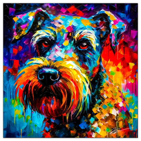Colorful Schnauzer portrait in modern art style, perfect for home decor.