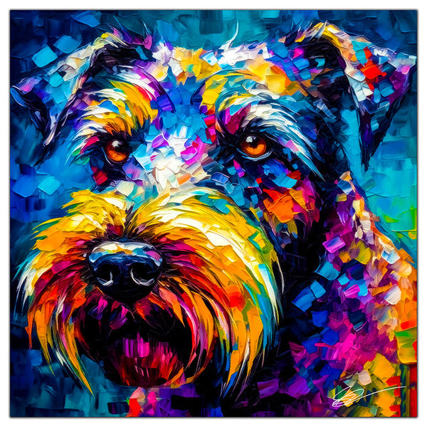 Colorful Schnauzer portrait in modern art style, perfect for home decor.