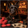 scottish terrier at poker table under neon All-In Archie sign with red and black chip stacks and custom dog playing cards