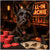 scottish terrier at poker table under neon All-In Archie sign with red and black chip stacks and custom dog playing cards