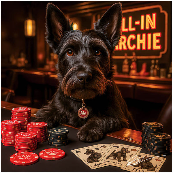 scottish terrier at poker table under neon All-In Archie sign with red and black chip stacks and custom dog playing cards