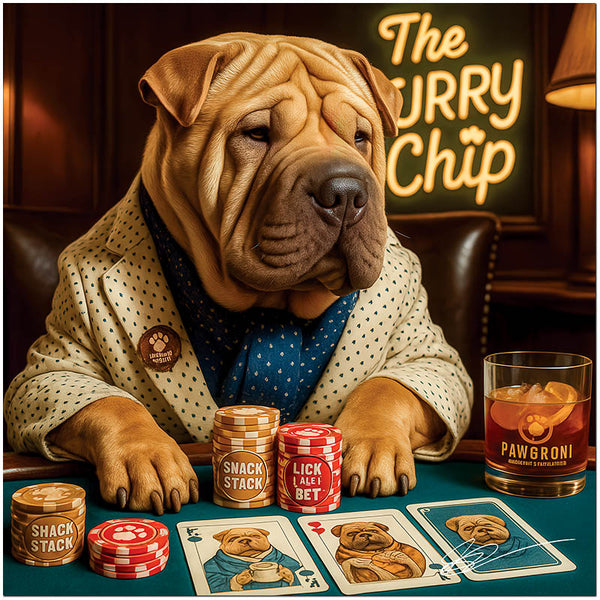 shar pei in patterned wrap at poker table with Snack Stack and Lick Ale Bet chips and Pawgroni cocktail