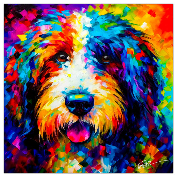 Colorful Sheepadoodle portrait in modern art style, perfect for home decor.