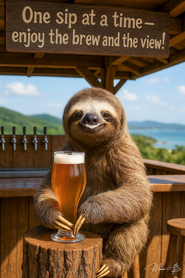 One Sip At A Time sloth enjoying beer outdoors metal print artwork