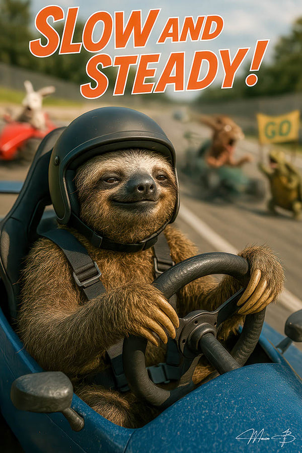 Slow and Steady sloth racing car whimsical metal print artwork