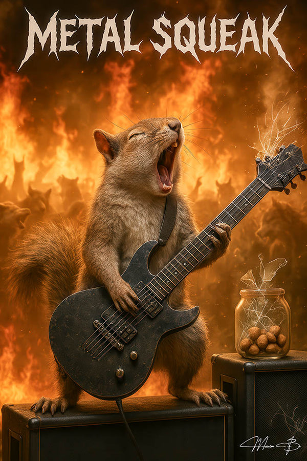 Metal Squeak II squirrel performing fiery guitar concert metal print artwork