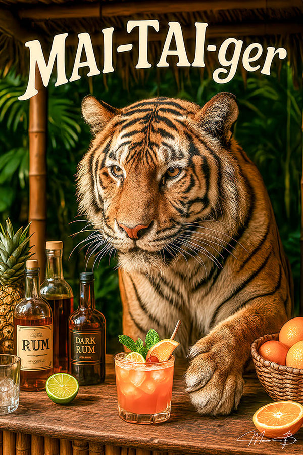 Mai-Tai-ger tiger sipping cocktail at tropical tiki bar metal print artwork