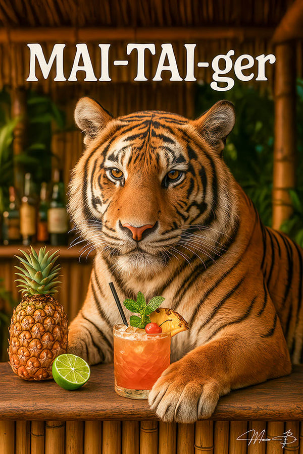 Mai-Tai-ger III tiger enjoying Mai Tai cocktail tropical tiki bar metal print artwork