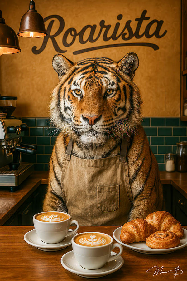 Roarista tiger barista cafe latte pastries metal print