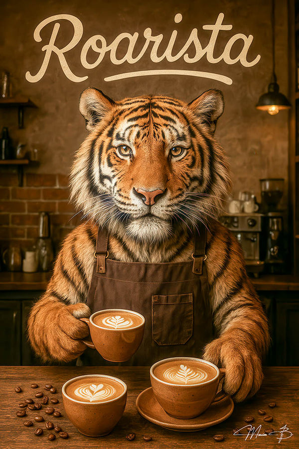 Roarista II tiger barista serving coffee latte art metal print