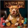 All-In Aces & Pits metal print depicting a Pitbull dog with colorful poker chips, golden tokens, and casino-style décor