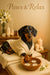 Dachshund in a white robe enjoying a spa day with candles and flower bowl in artwork titled Paws & Relax II