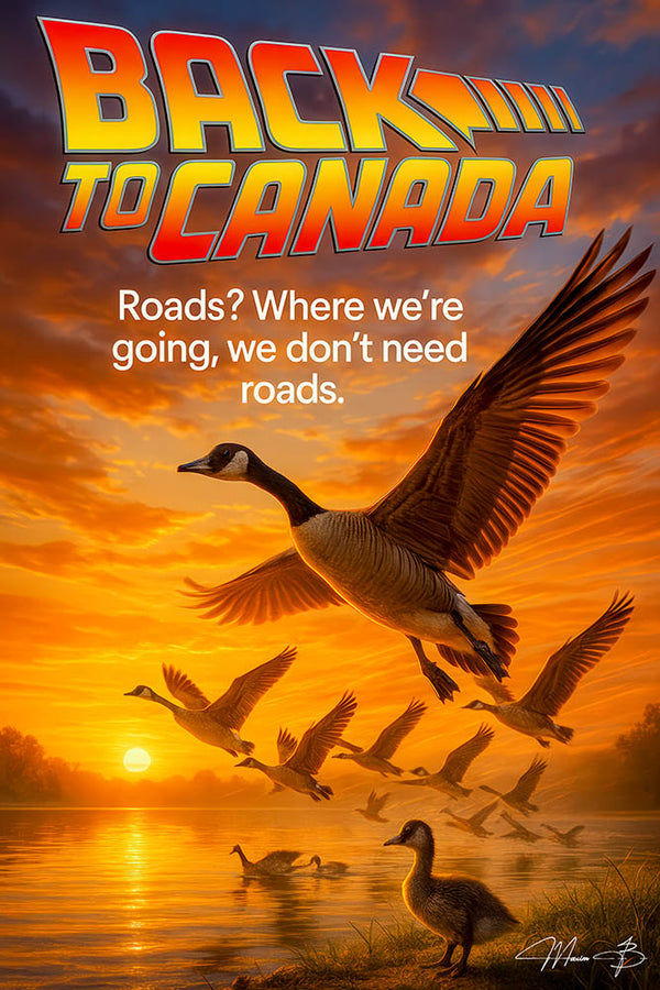 Canada geese flying over lake at sunrise with text Back to Canada Roads? Where we're going, we don't need roads.