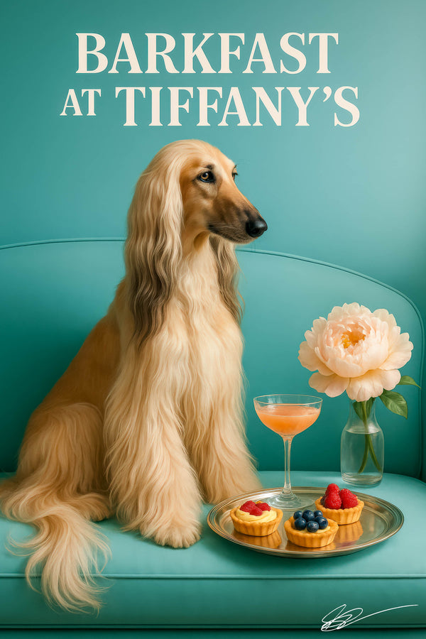 Afghan Hound sitting on teal couch with pastries, cocktail glass and flower – Barkfast at Tiffany’s metal print