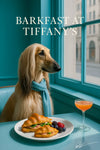 Afghan Hound in teal scarf by window with croissant sandwiches and cocktail – Barkfast at Tiffany’s metal print