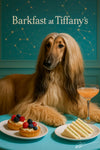 Afghan Hound reclining at teal table with berry tarts, cucumber tea sandwiches, cocktail, and constellation backdrop – Barkfast at Tiffany’s metal print