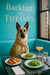 Afghan Shepherd in beige scarf on teal banquette by window with fig-topped croissant, spinach quiche, arugula salad, cocktail & water – Barkfast at Tiffany’s metal print