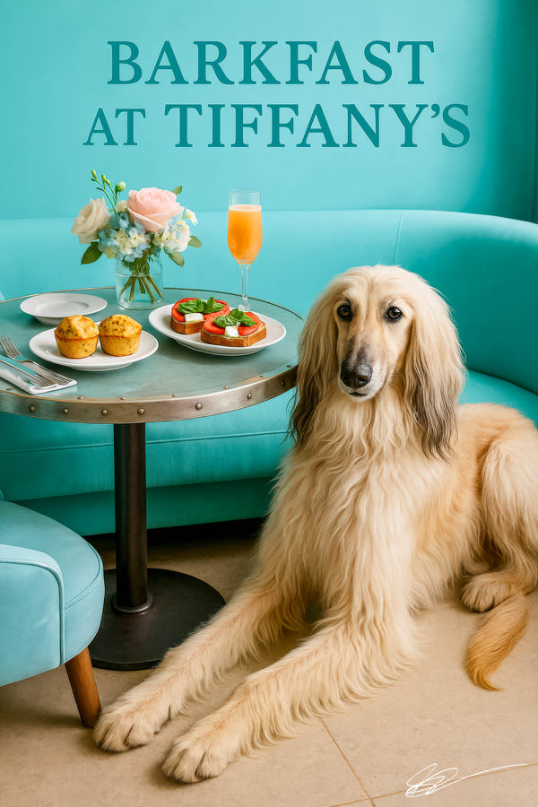 Afghan Shepherd reclining by teal banquette with muffins, Caprese tomato toasts, mimosa & flowers – Barkfast at Tiffany’s metal print