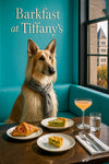 Afghan Shepherd in grey scarf by window with fig-topped croissant, spinach quiche slice & wedge, cocktail & water glass – Barkfast at Tiffany’s metal print