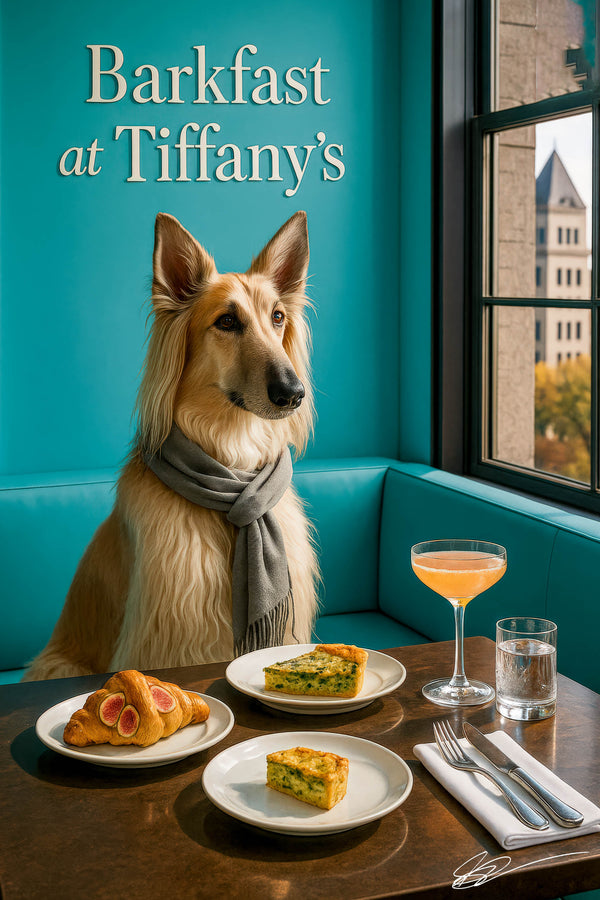 Afghan Shepherd in grey scarf by window with fig-topped croissant, spinach quiche slice & wedge, cocktail & water glass – Barkfast at Tiffany’s metal print