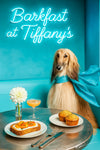 Afghan Shepherd in teal scarf under neon sign with peach ricotta toast, blueberry muffins, cocktail and dahlia – Barkfast at Tiffany’s metal print