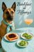 Belgian Malinois wearing a teal scarf at a Tiffany-blue table with jam-topped toast, spinach egg bites, and a peach cocktail in sunlight