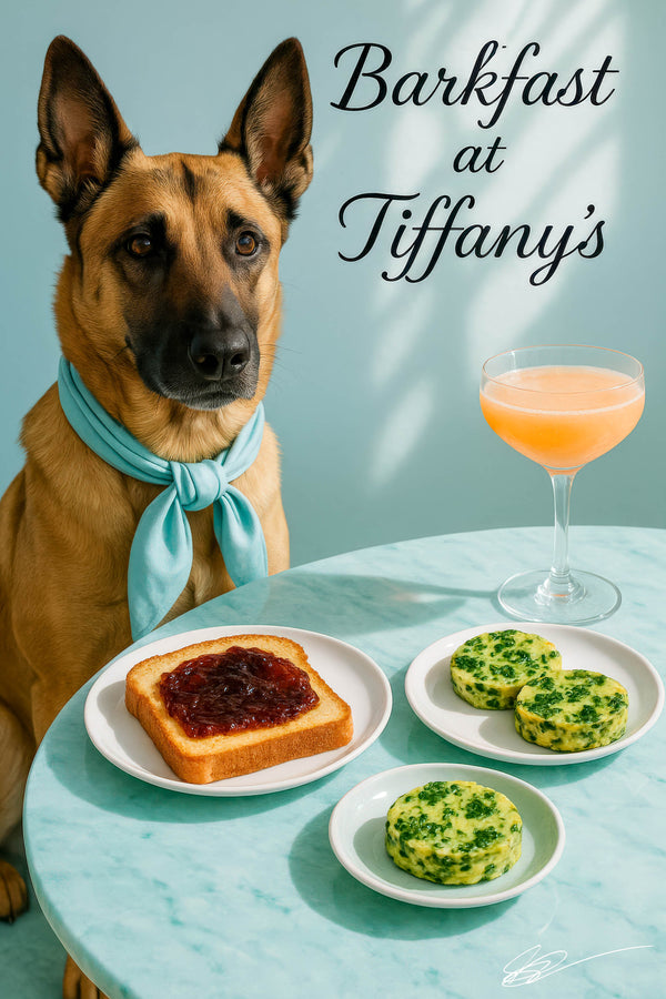 Belgian Malinois wearing a teal scarf at a Tiffany-blue table with jam-topped toast, spinach egg bites, and a peach cocktail in sunlight