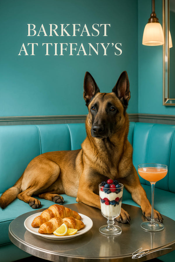Belgian Malinois reclining on Tiffany-blue banquette with plate of croissants, berry parfait and peach cocktail under Barkfast at Tiffany’s signage