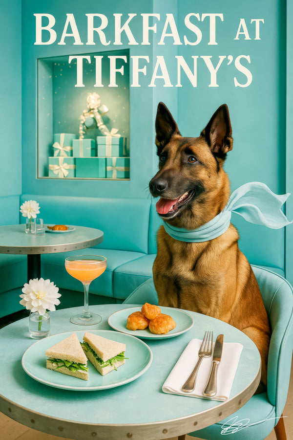 Belgian Malinois wearing a teal scarf at a Tiffany-blue table with tea sandwiches, puff pastries, cocktail and a display of gift boxes