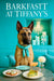 Belgian Malinois in a teal scarf at Tiffany-blue table with ricotta-herb toasts, spinach quiche wedge, peach cocktail, white flower and gift-box display