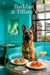 Belgian Malinois wearing a teal scarf seated at a Tiffany-blue table with fig tartlets, tomato toast, a peach cocktail, window view and chandelier
