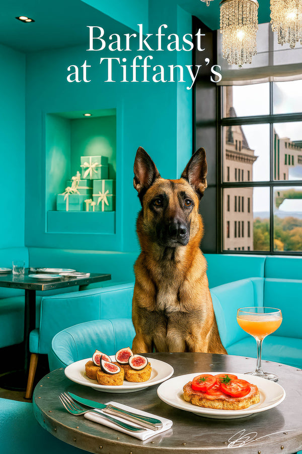 Belgian Malinois wearing a teal scarf seated at a Tiffany-blue table with fig tartlets, tomato toast, a peach cocktail, window view and chandelier