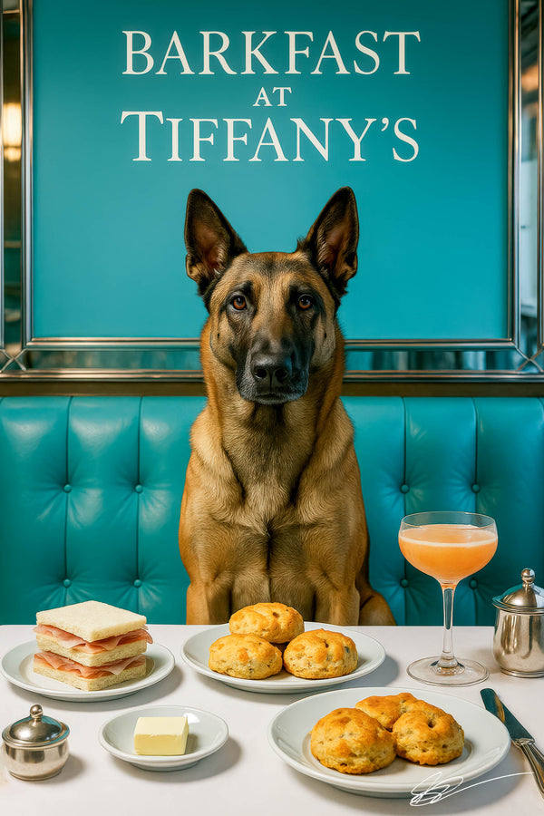 Belgian Malinois seated at a Tiffany-blue tufted banquette table with ham sandwiches, scones, butter, sugar bowl, and peach cocktail