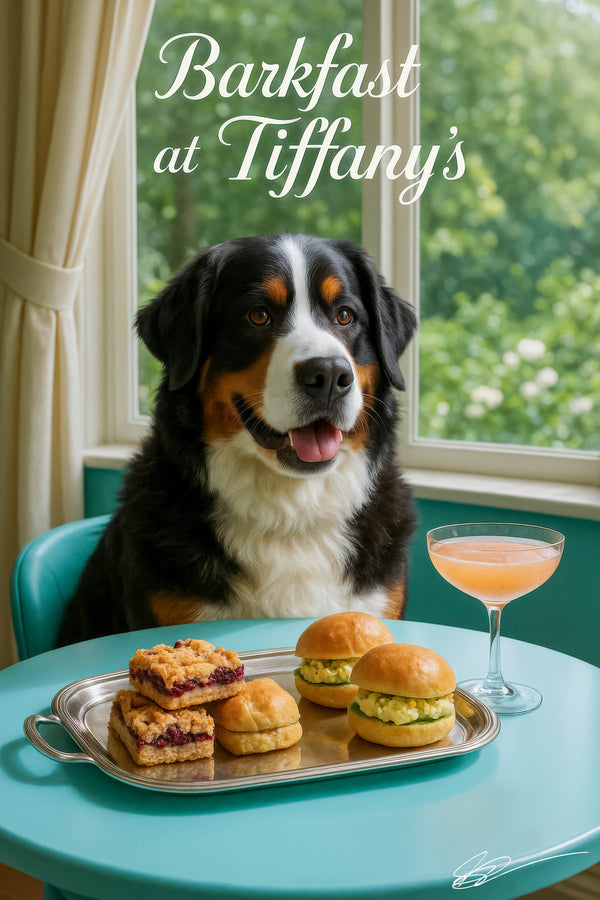 Bernese Mountain Dog seated at a Tiffany-blue table with a silver tray of berry crumble bars and egg-salad sliders plus a peach cocktail