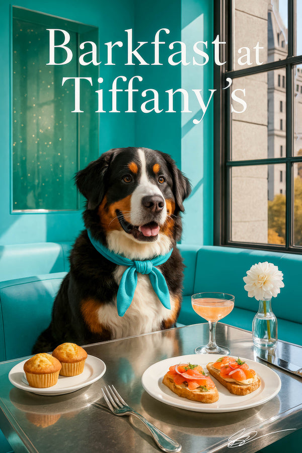 Bernese Mountain Dog wearing a teal scarf seated on a Tiffany-blue banquette with smoked salmon toasts, muffins, a peach cocktail, and a white flower in a glass vase