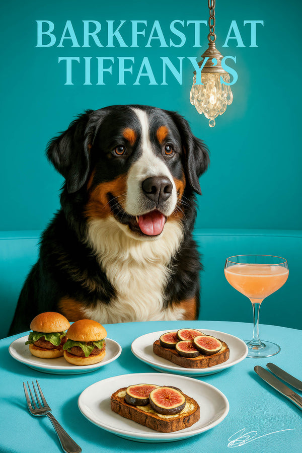 Bernese Mountain Dog seated at a Tiffany-blue banquette table with mini sliders, fig-topped toast slices, and a peach cocktail under a hanging lantern