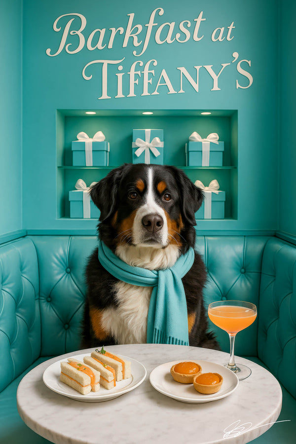Bernese Mountain Dog wearing a turquoise scarf seated at a Tiffany-blue tufted banquette with tea sandwiches, citrus tarts, and a peach cocktail