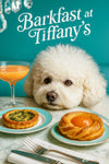 Fluffy Bichon Frise resting head on marble table with spinach quiche tart, apricot brioche pastry and peach cocktail under chandelier