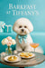 Fluffy Bichon Frise wearing a Tiffany-blue bow tie seated on a turquoise banquette with a plate of mini cream tarts, a pear tart, a cocktail, flowers, and candleholders