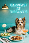 Biewer Terrier with a white bow on a turquoise banquette beside plates of cucumber tea sandwiches, honey-drizzled fig toast, and a peach cocktail under a neon Barkfast at Tiffany’s sign