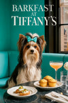 Biewer Terrier in a turquoise bow at a Tiffany-blue banquette table with shrimp-topped crostini, lemon muffins, a peach cocktail, water glasses, and a white flower in a vase