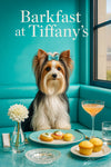 Biewer Terrier wearing a turquoise bow perched at a Tiffany-blue banquette with plates of ricotta-pistachio canapés, tomato-radish bruschetta, lemon muffins, and a peach cocktail by a flower vase and window
