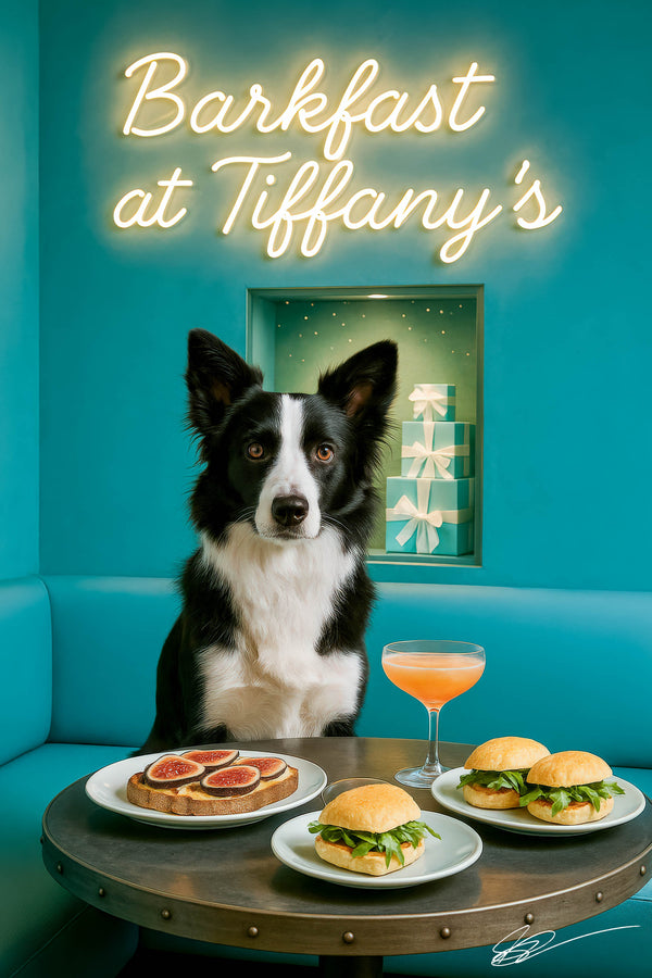 Border Collie seated in a turquoise tufted banquette behind a metal table with fig-topped toast, arugula sliders, and a peach cocktail under a neon sign