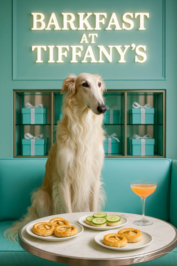 Elegant borzoi in turquoise scarf before Tiffany-blue gift boxes and neon “Barkfast at Tiffany’s” sign, with apple tarts, cucumber rounds & cocktail on marble table