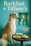 Regal borzoi in turquoise scarf before Tiffany-blue gift boxes and neon “Barkfast at Tiffany’s” sign, with pretzels, cucumber slices & peach cocktail on marble table